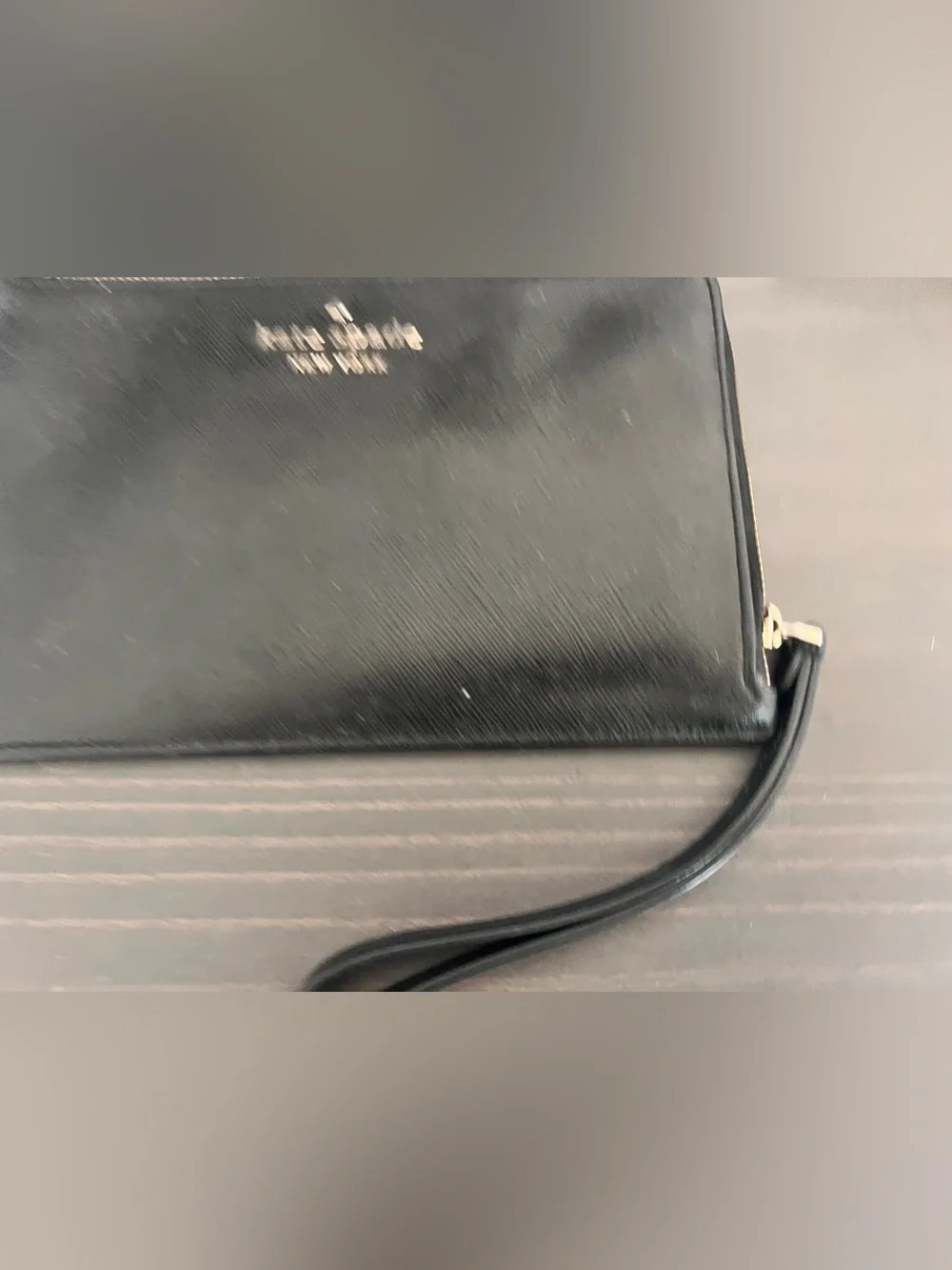 kate spade Black Saffiano Leather Zip Card Holder with silver Logo